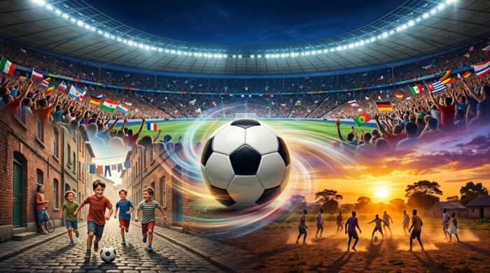 Ilustrasi bola sepak menyatukan anak-anak bermain di jalanan dan stadion megah