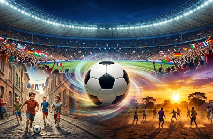 Ilustrasi bola sepak menyatukan anak-anak bermain di jalanan dan stadion megah