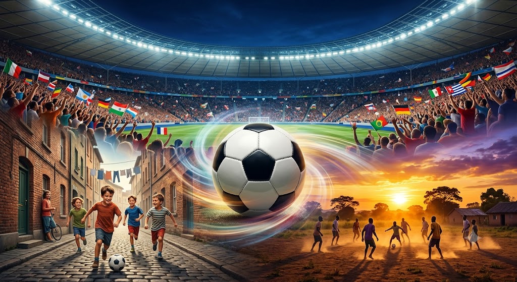 Ilustrasi bola sepak menyatukan anak-anak bermain di jalanan dan stadion megah